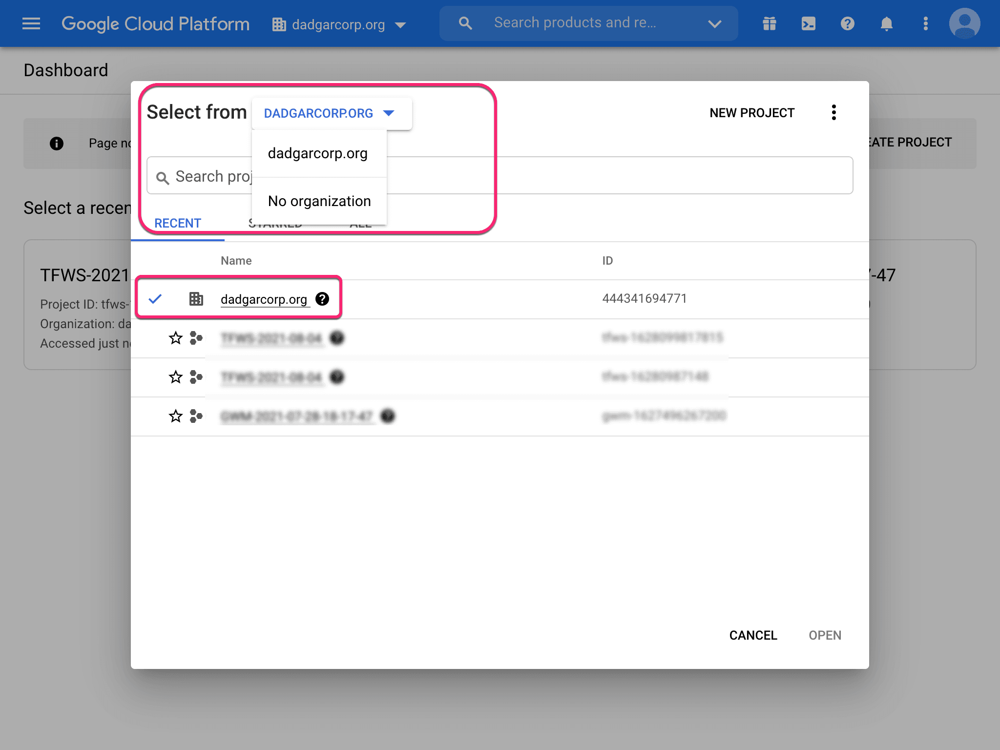 Google Workspace domain selection