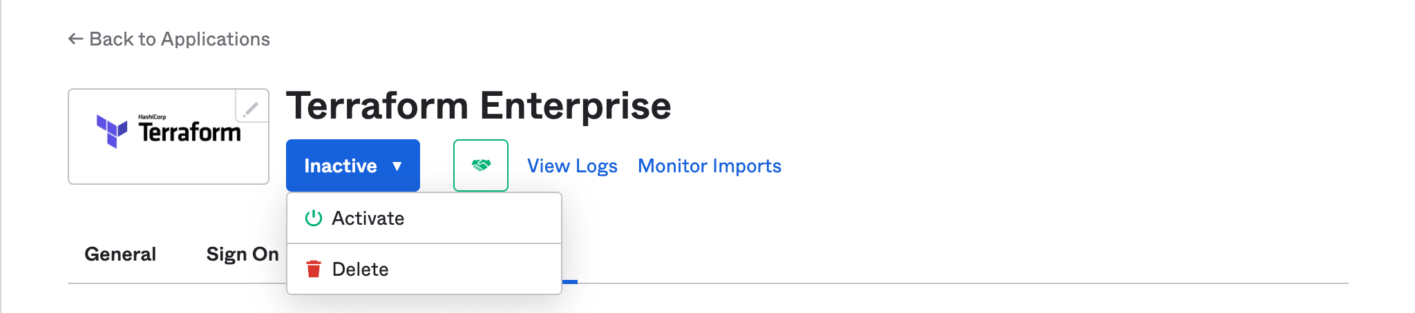 Delete Terraform Enterprise as SAML integration application from Okta