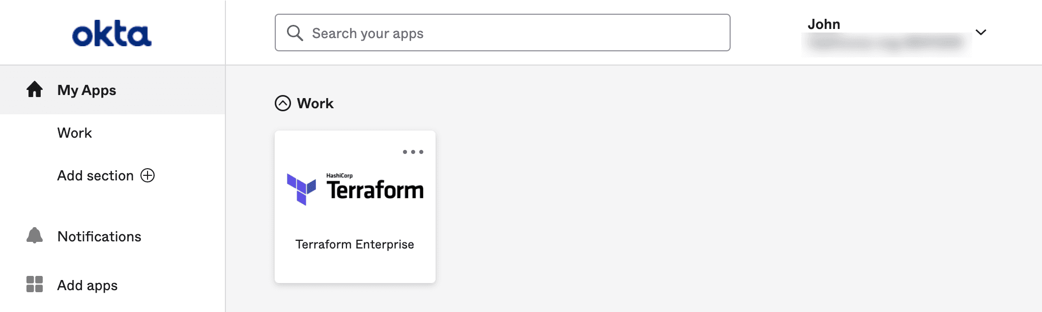 Terraform Enterprise appears in Okta dashboard when signed in as first test user