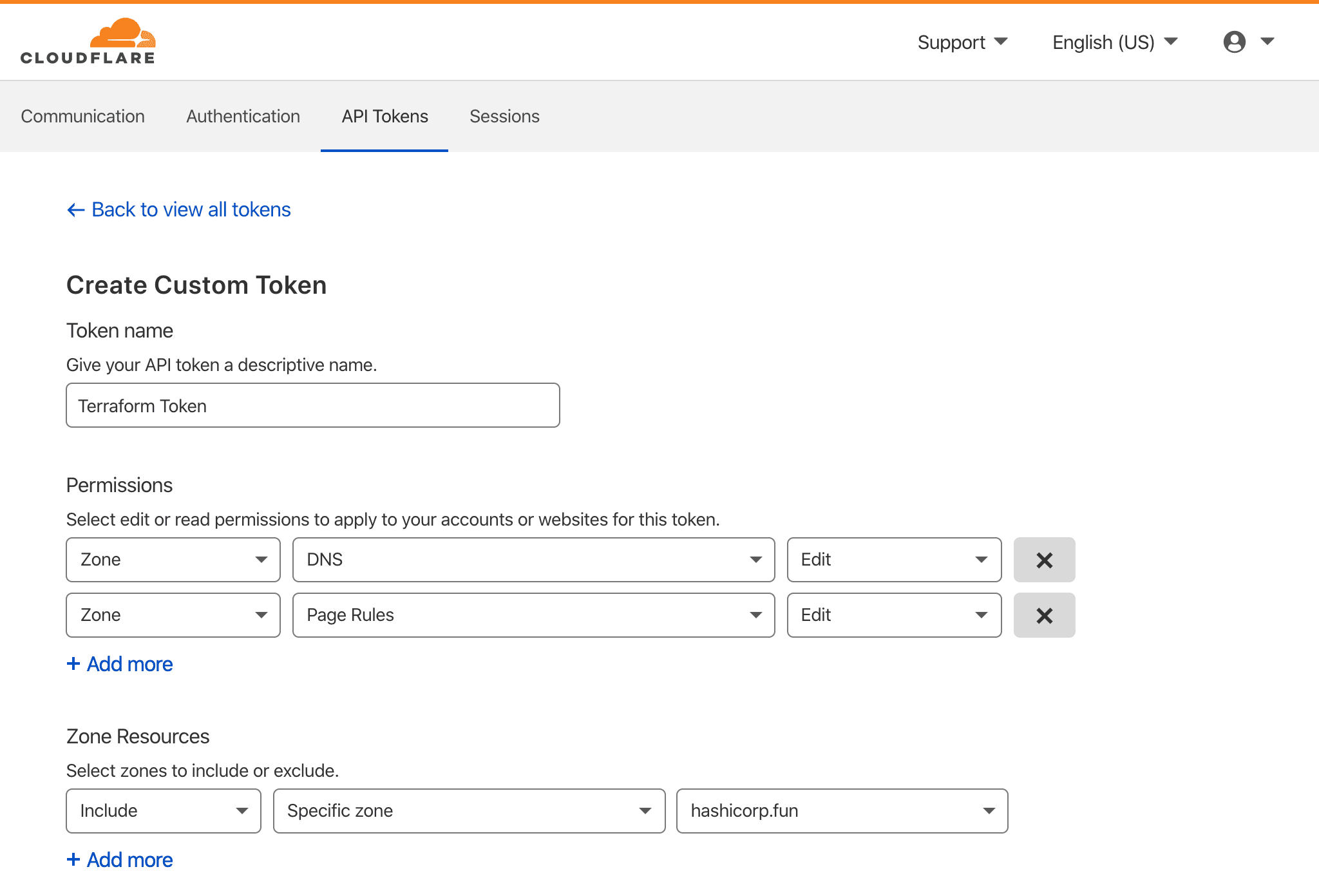 Cloudflare custom API token settings