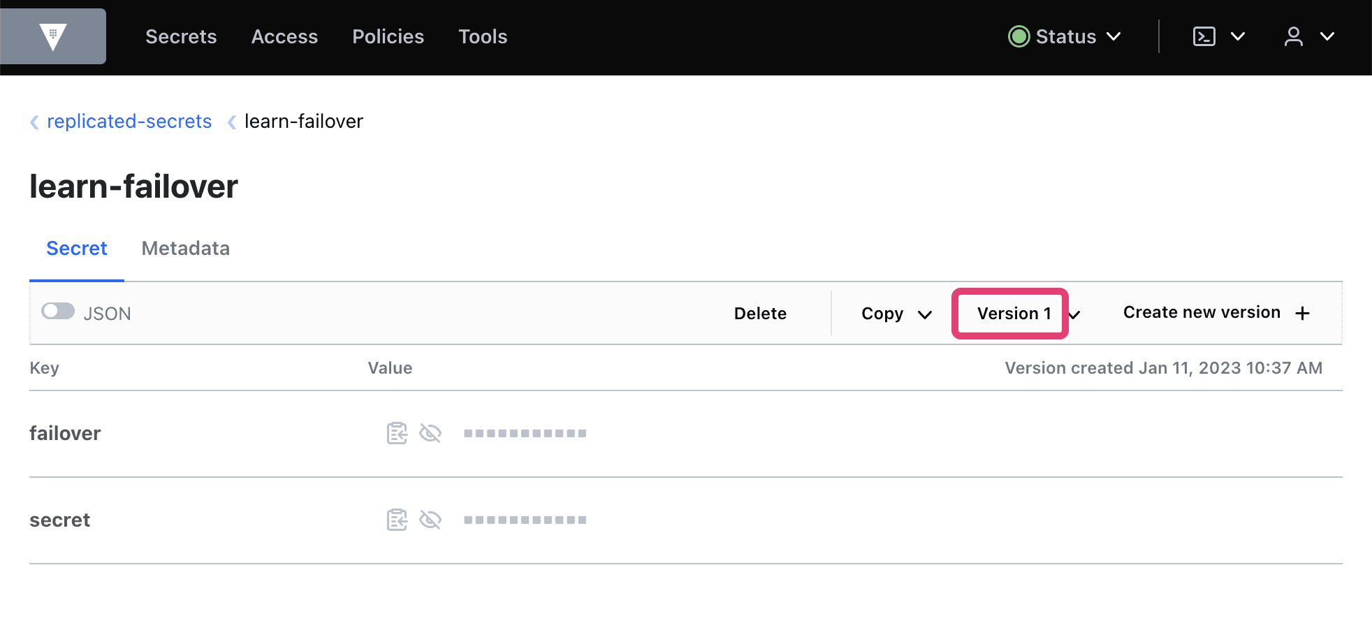 Secret at version one