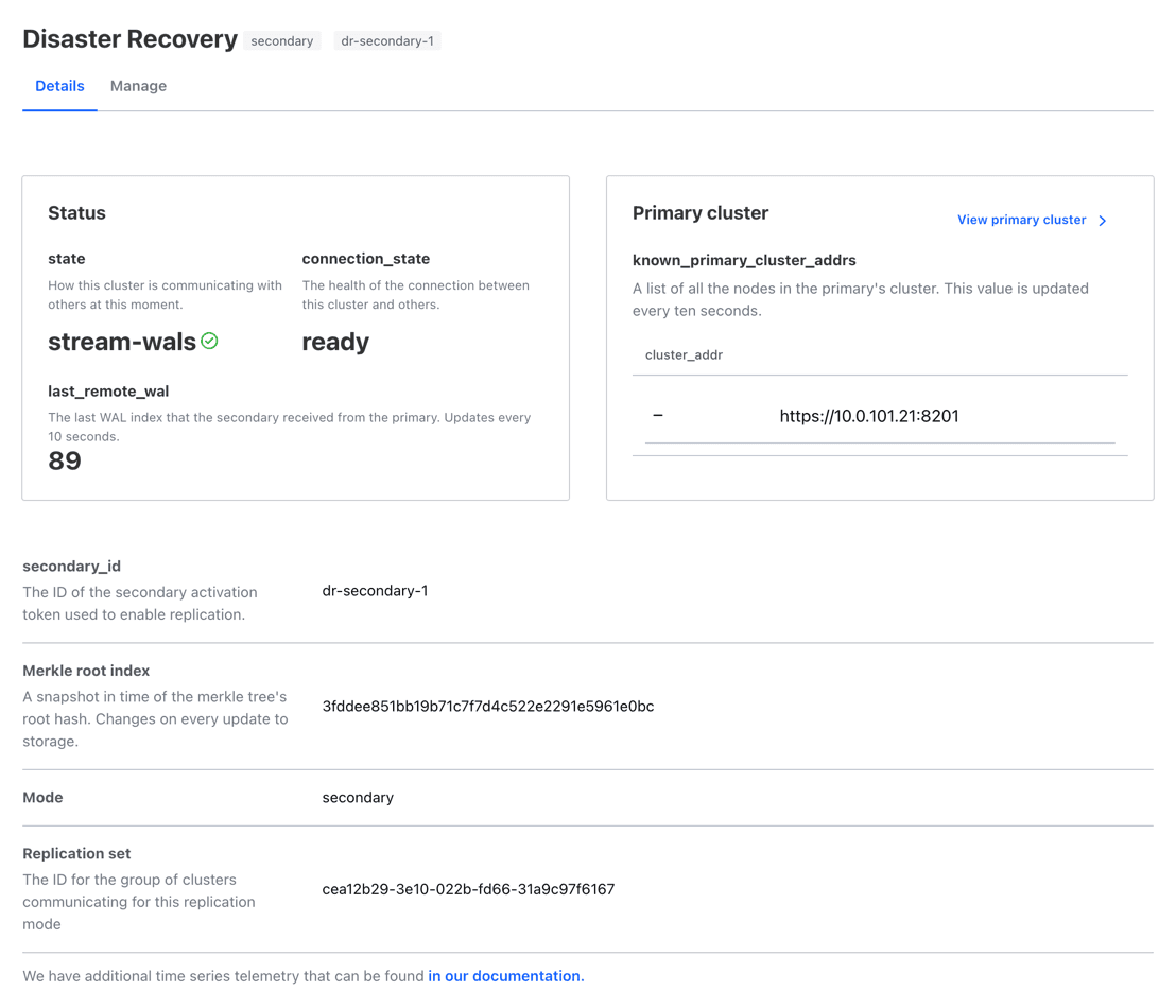 Disaster Recovery Secondary with known_primary_cluster_addrs