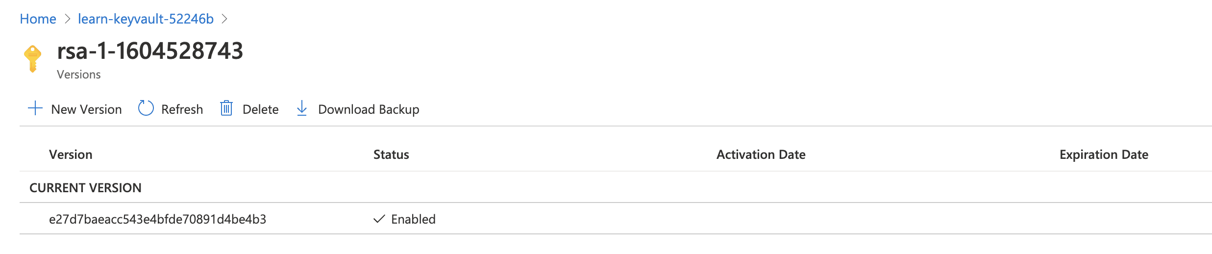 Screenshot showing Azure Key Vault key 1 version